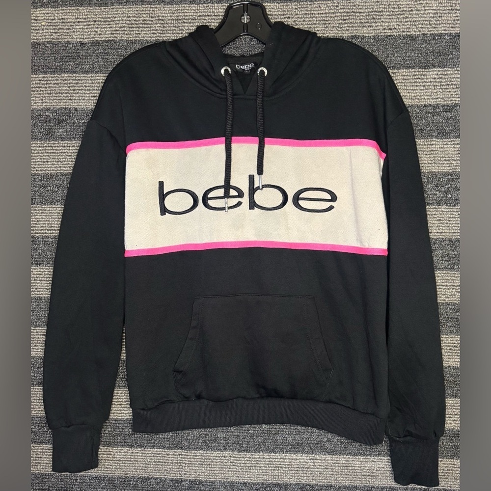 Vintage Y2K Bebe Sport Women’s Black Embroidered Spell Out Hoodie Sweatshirt L